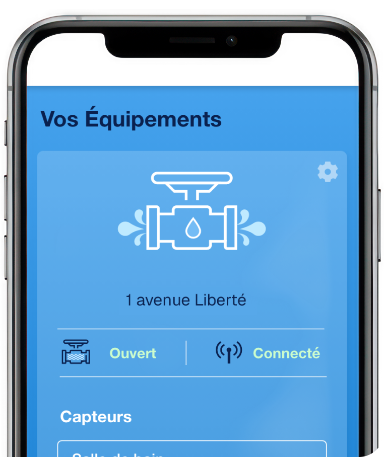 Water-Protec app screen showing registered devices and system controls